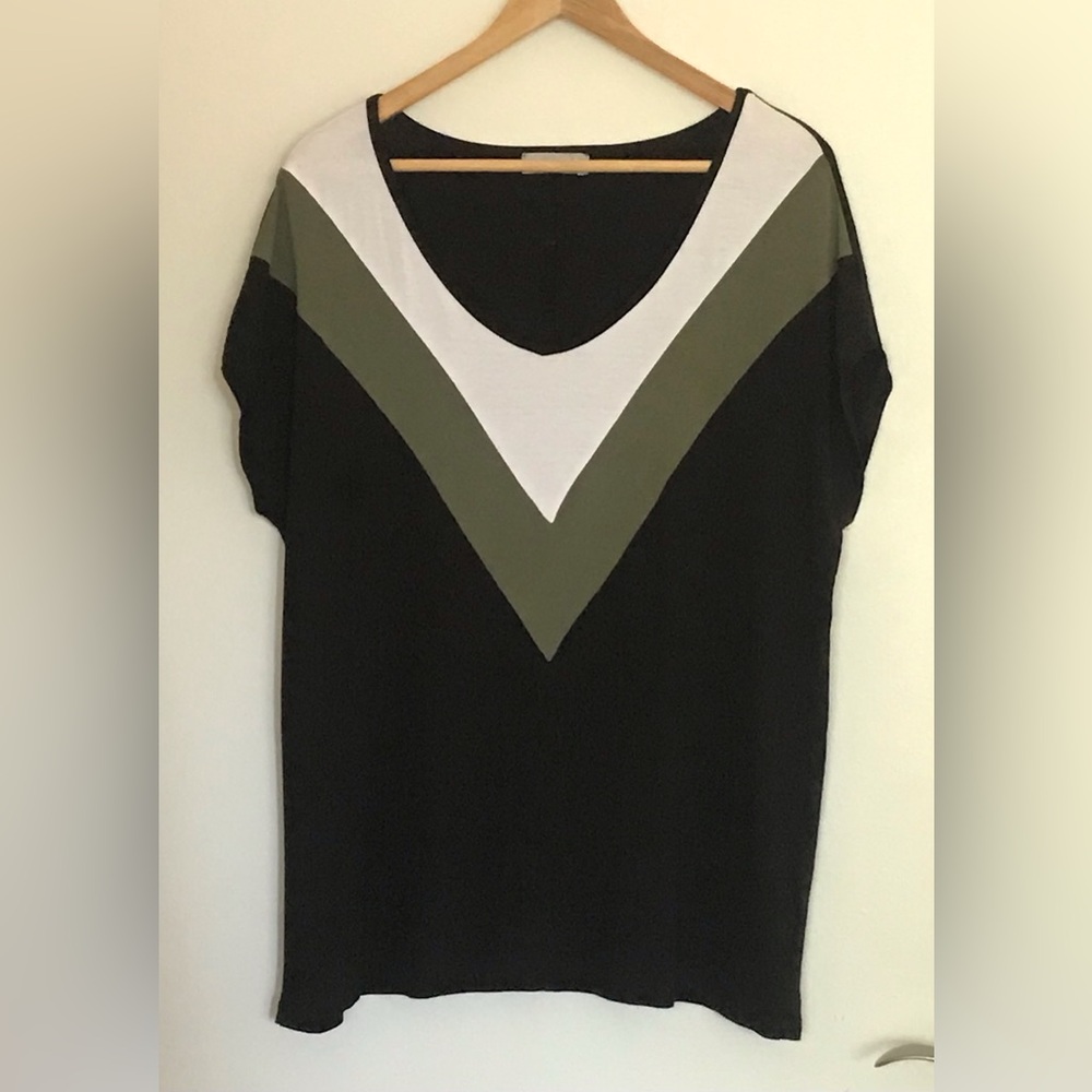 Black V-Neck Colorblock Top with Olive and White Accents